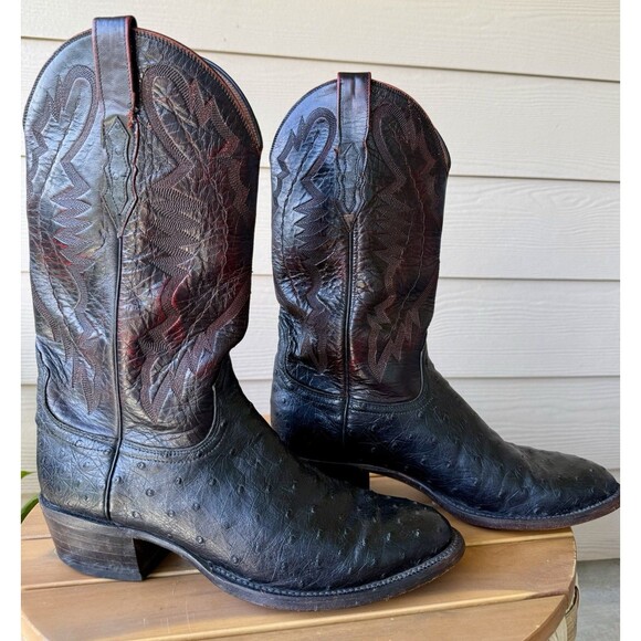 Lucchese 2000 Men\'s Full Quill Exotic Ostrich Boots 9.5 D Black Cherry Cowboy